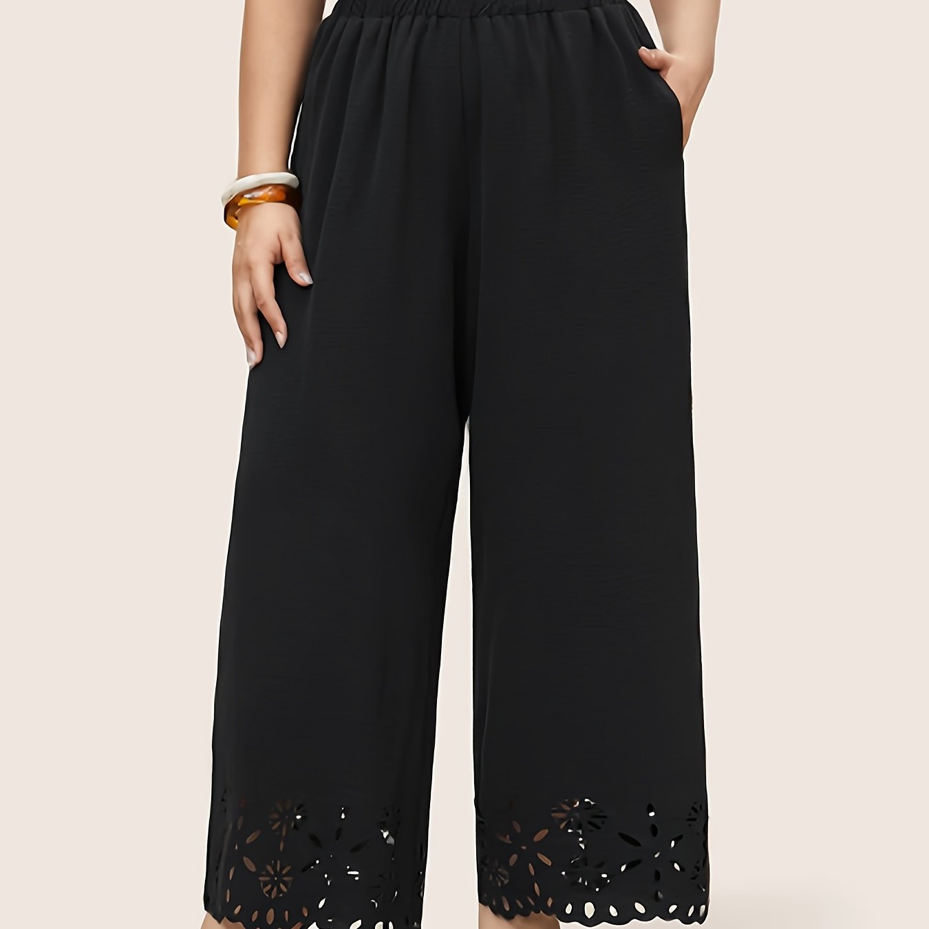 Women's Plus Size Olive Green Wide Leg Pants with Pockets and Elastic Waist