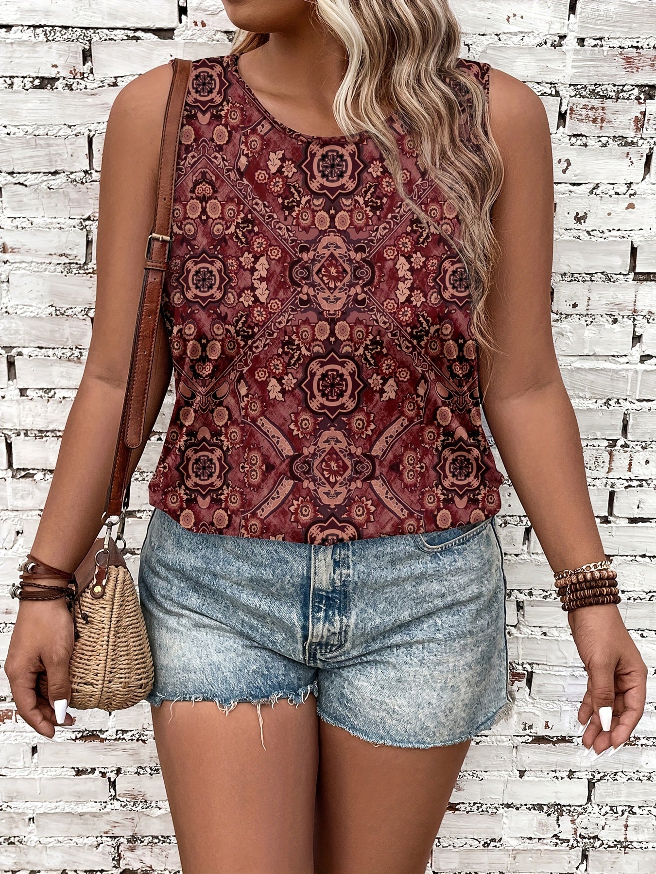 Ayollar uchun kattaroq o'lchamdagi gullar bilan bezatilgan, bezsiz yozgi tank top