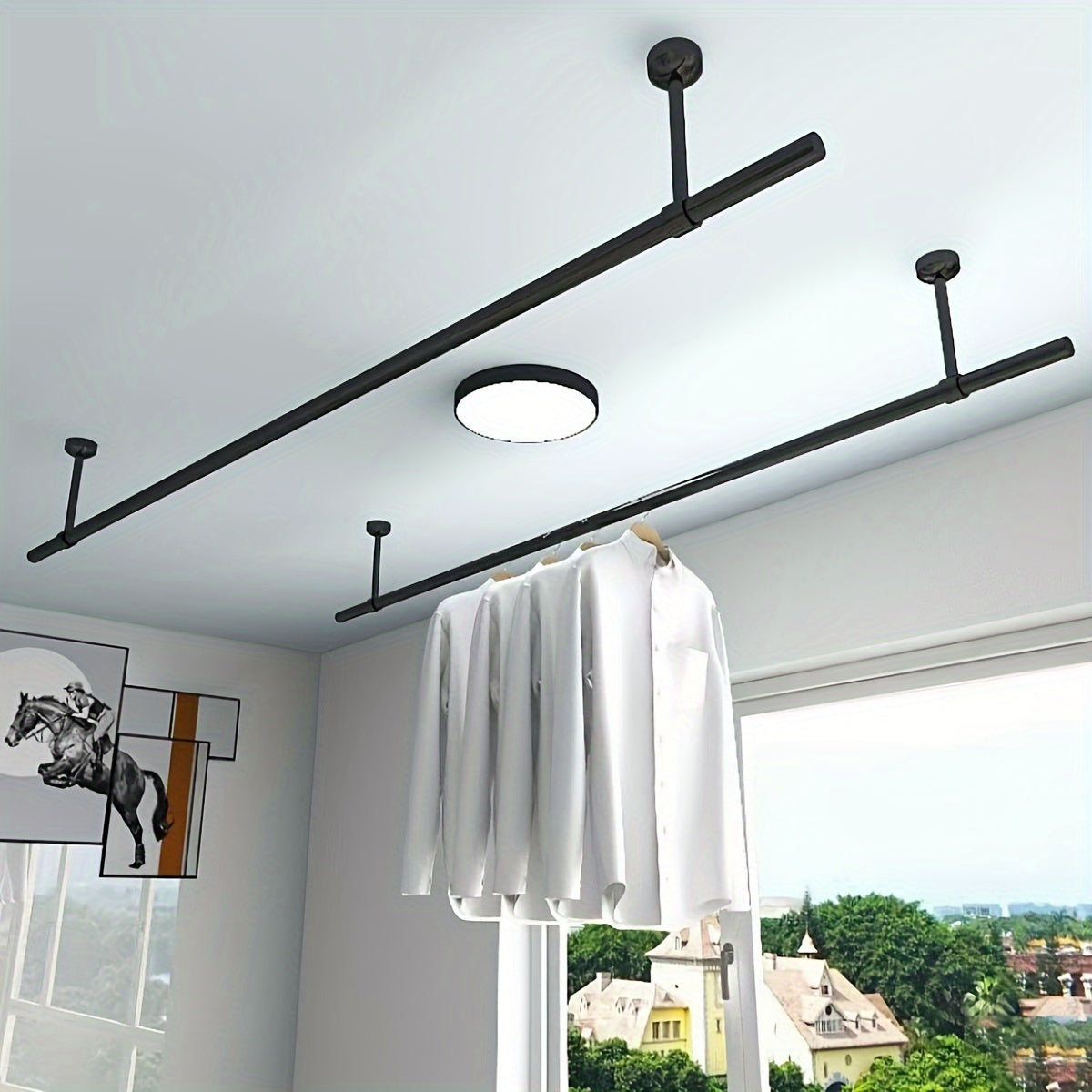 Multi-Functional Wall-Mounted Clothes Hanger Removable Space-Saving Metal Rod Black