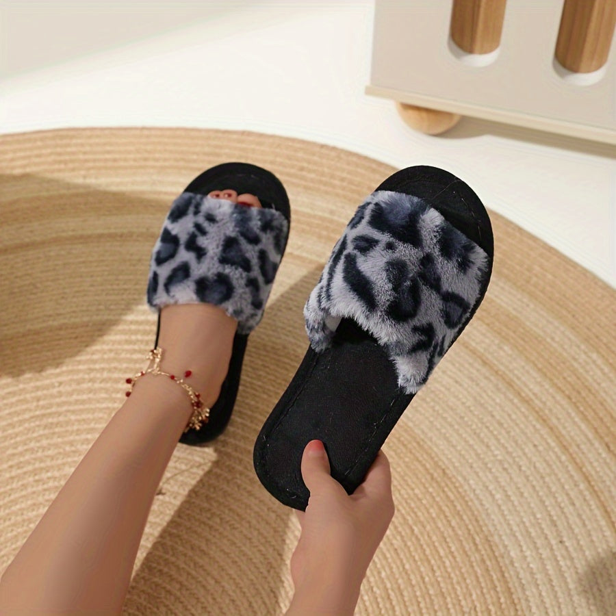 Women's Leopard Print Plush Slip-On Indoor Slippers with Soft Sole
