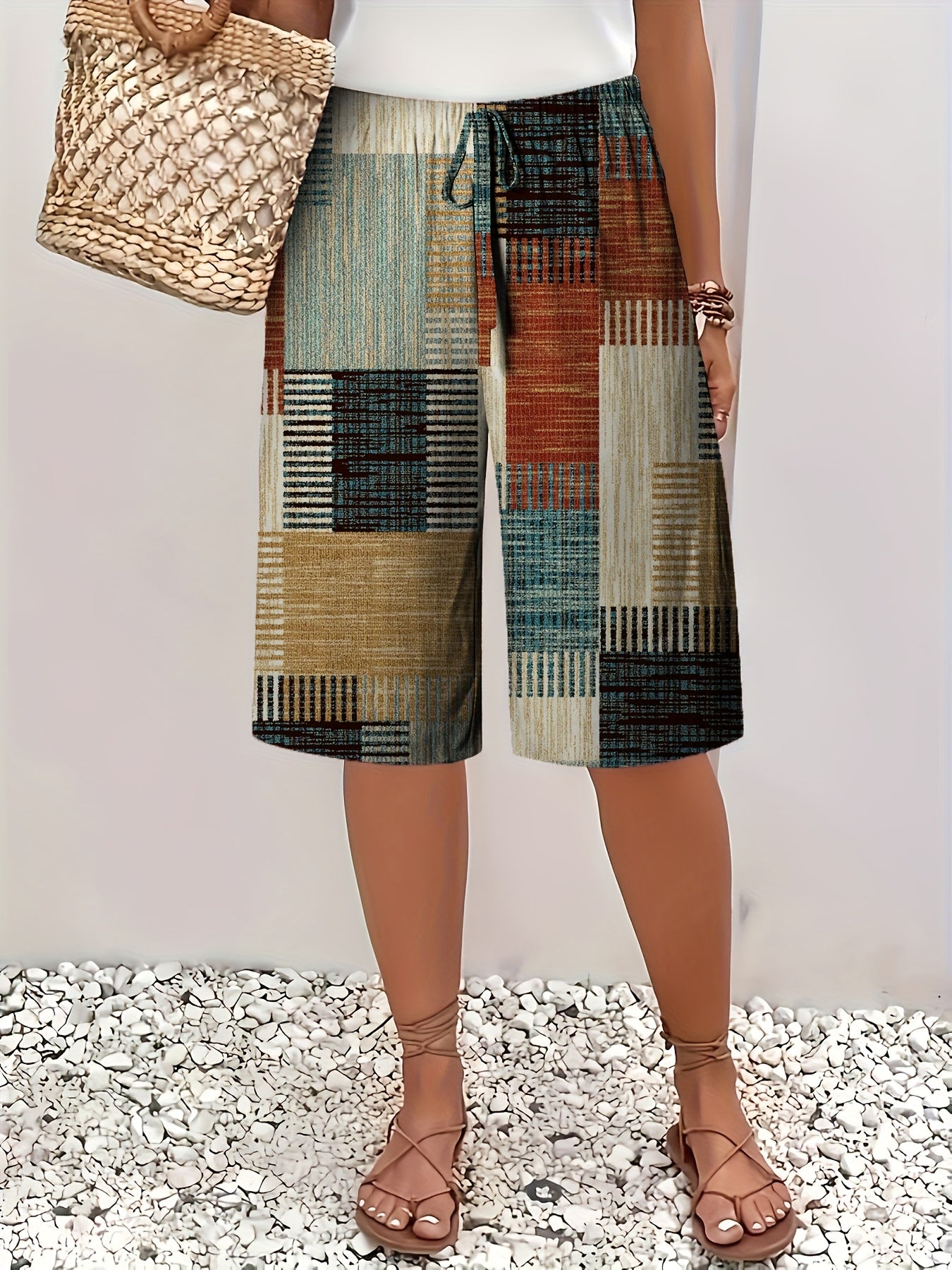 Women's Plus Size Bohemian Plaid Bermuda Shorts Navy Blue Elastic Waist Summer Vacation