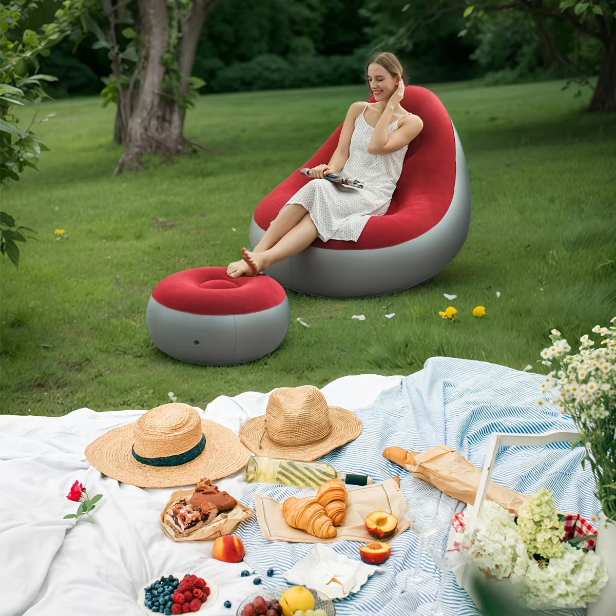 Inflatable Lounge Chair for Adults Portable Foldable with Footrest Black Beige Outdoor Relaxation