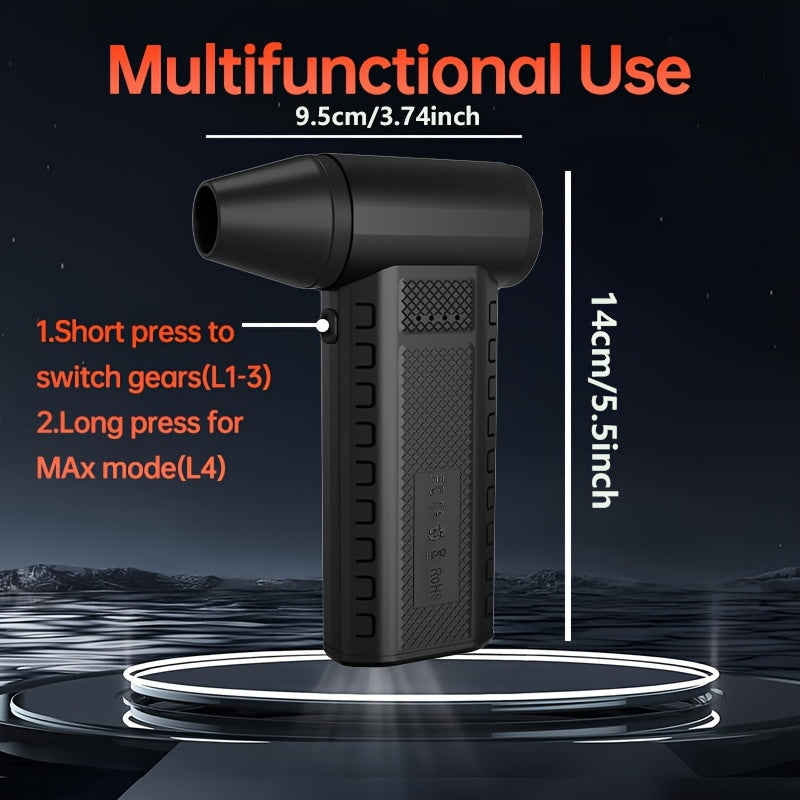 JKUOO Portativ Turbo Ventilyator 20000RPM brushless motor bilan, 4W quvvat, 8000mAh lityum batareya bilan USB orqali zaryadlanadigan, ABS materialdan tayyorlangan, tugma boshqaruvi. Ichki va tashqi foydalanish uchun mos.