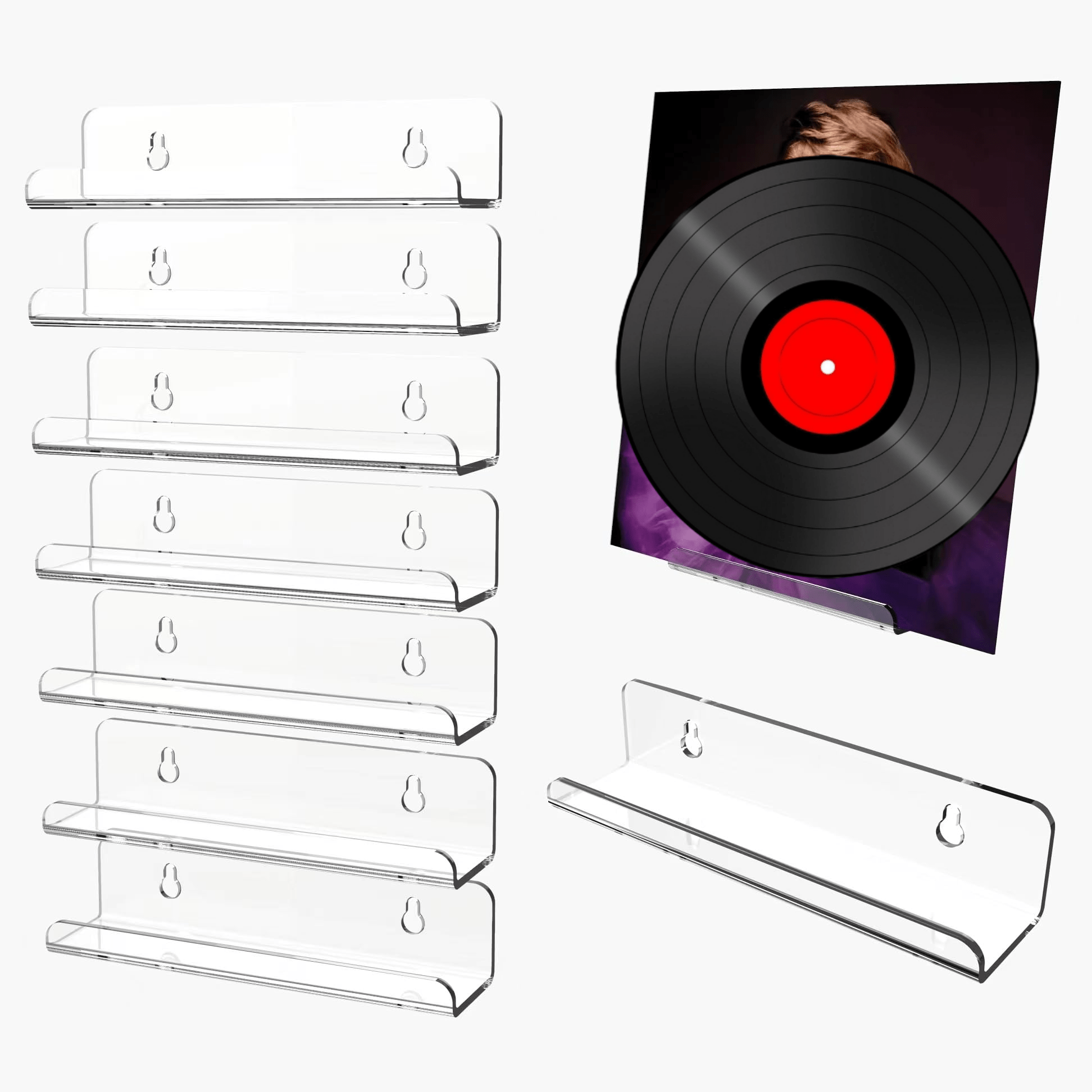 Wall-Mounted Acrylic Record Display Stand with Hooks for CDs and Vinyls