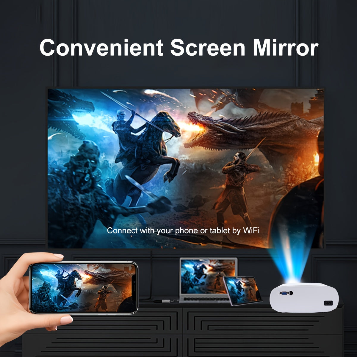 Wireless HD 1080P Projector for Mobile Phone, 10000 Lumens, Big Screen