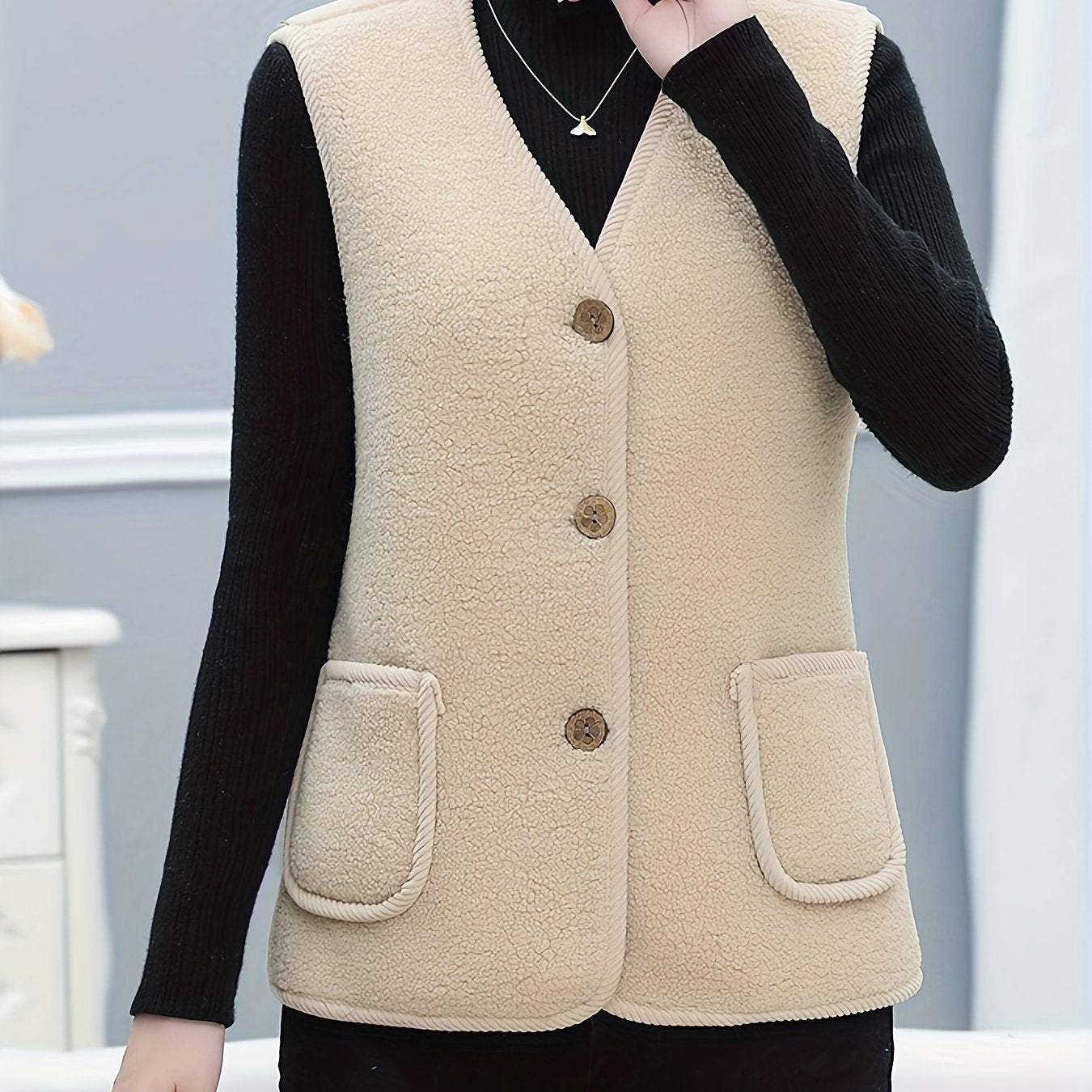 Women's Fleece-Lined Vest with Pockets Casual Sleeveless Knit Polyester Solid