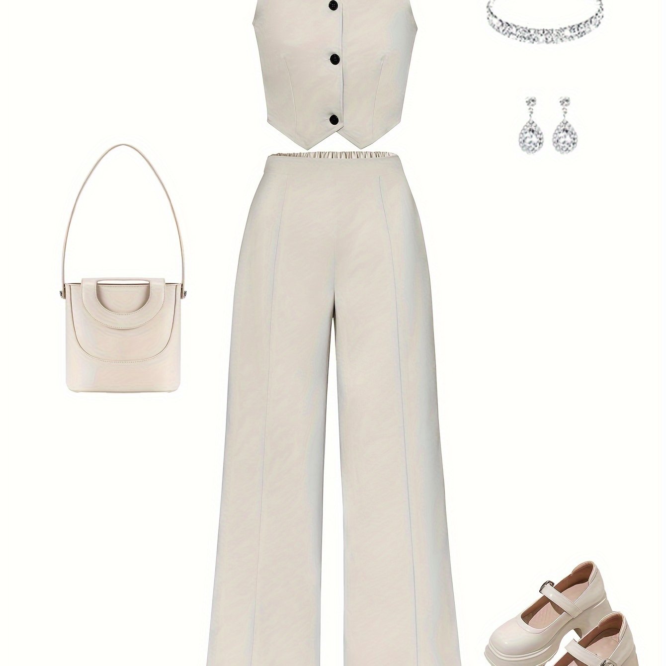 Ayollar uchun zamonaviy ikki qismli to'plam, tugma tafsilotlari bilan v-yuvalangan kesilgan vest top va yuqori belli kostyum shimlarini o'z ichiga oladi. 97% polyester va 3% elastan materialidan tayyorlangan, biroz cho'ziluvchan. Ideal for