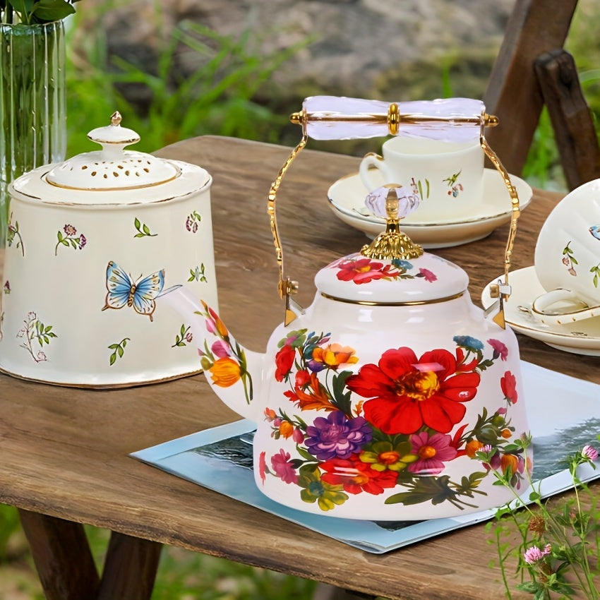 Vintage gullar dizayni emal choynak - Katta sig'imli pechka choynak, klassik tushlik choyi uchun bog'da, an'anaviy mahorat bilan qo'l bilan tayyorlangan - Elektrsiz