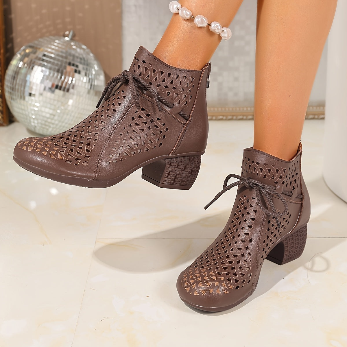 Women's Ethnic Cut-Out Bow Ankle Boots Rubber Sole Casual Dressy