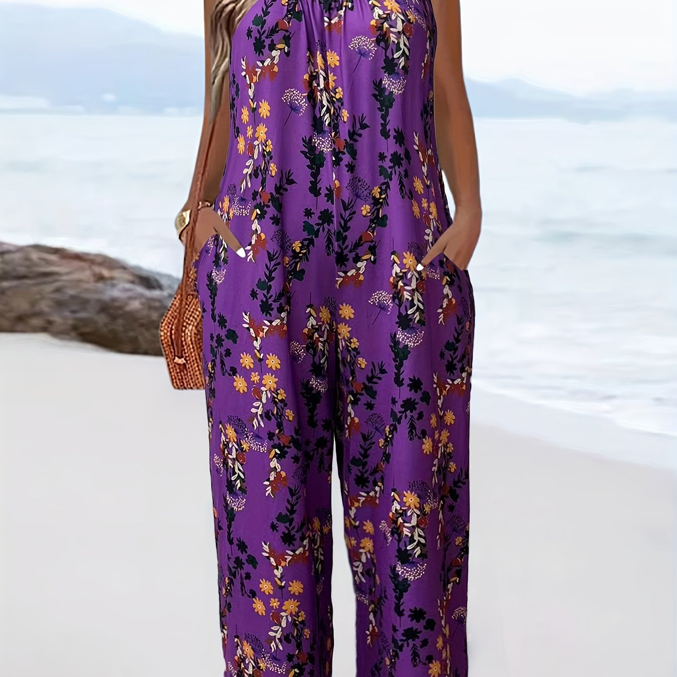 Plus-Size Casual Jumpsuit with 3D Floral Print Pockets Vacation Style