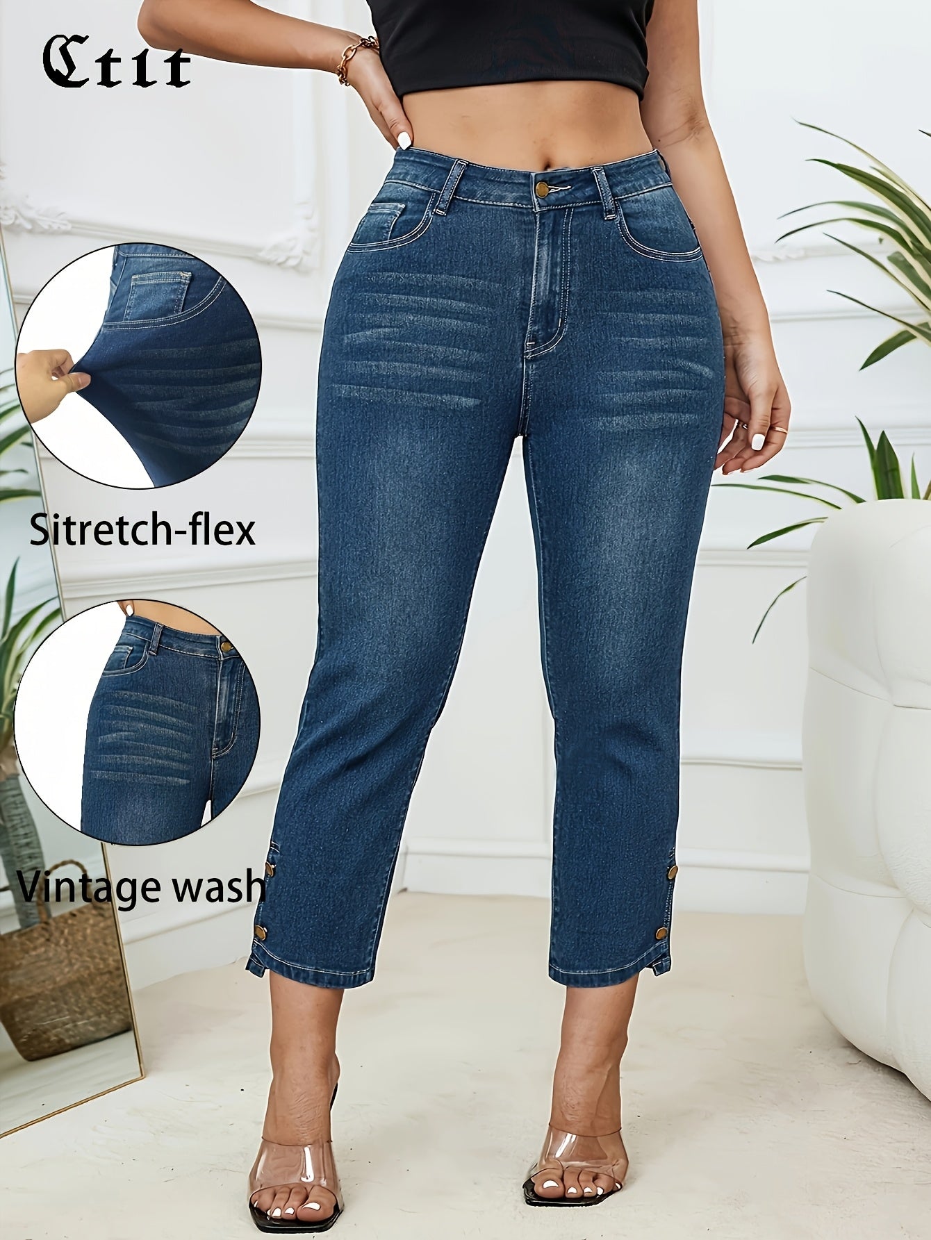 Plus Size Women's High-Waisted Slim Fit Stretch Denim Capri Pants