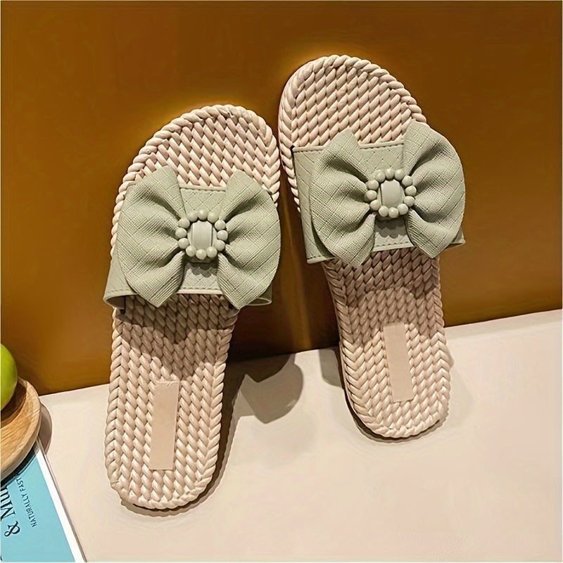 Women's PVC Slip-On Sandals with Bow and Bead Accents Open Toe Flat Heel Beach Wear