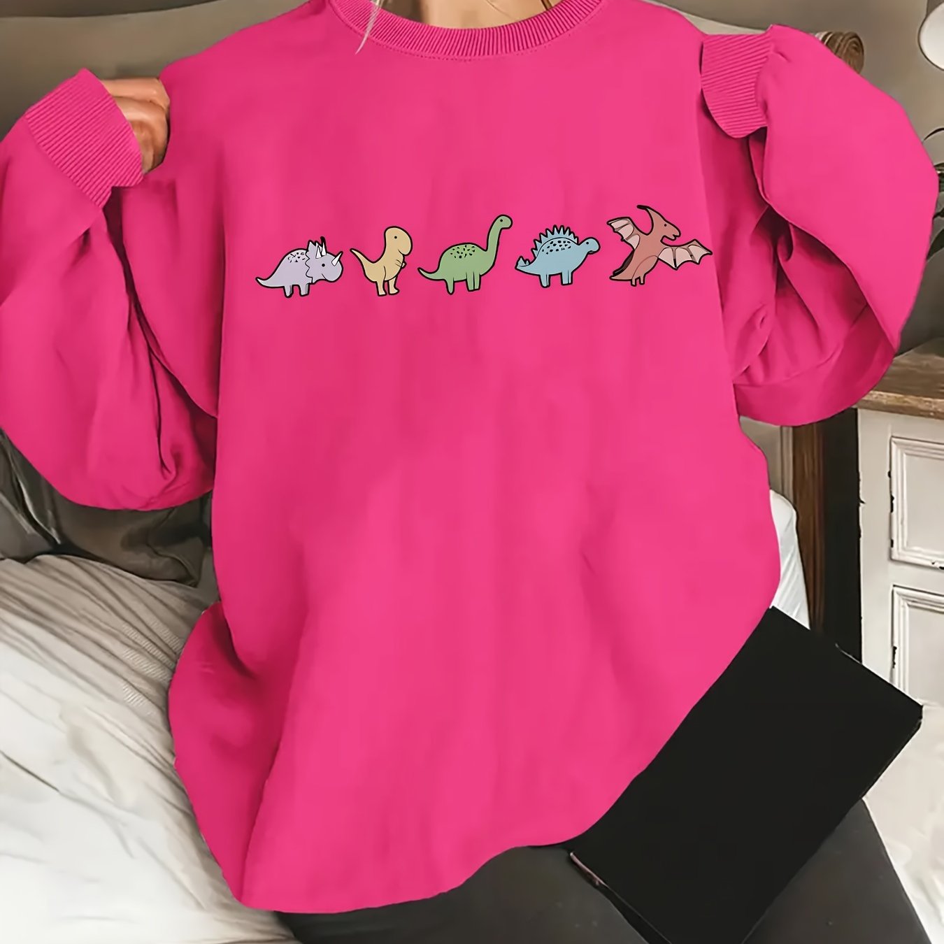 Plus Size Women's Dinosaur Graphic Print Crew Neck Sweatshirt Casual Pullover Fall Comfortable