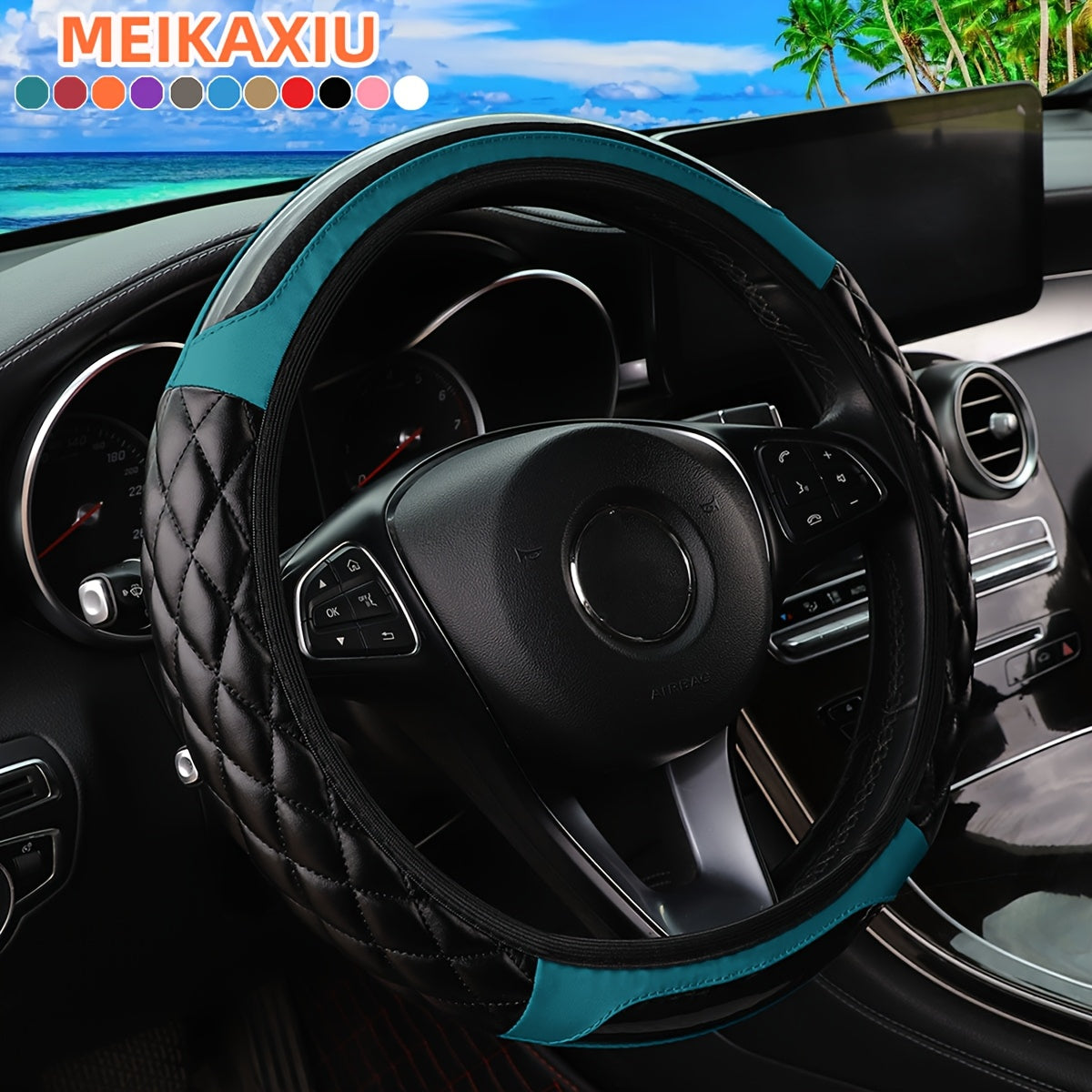 3D Embroidered Crystal Carbon Fiber Faux Leather Steering Wheel Cover Universal Fit 36.83-38.1 cm for Cars in 5 Colors