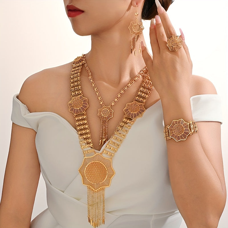 Copper Gold-Plated Jewelry Set with Necklace Earrings Bracelet and Ring for Weddings Festivals and Daily Wear