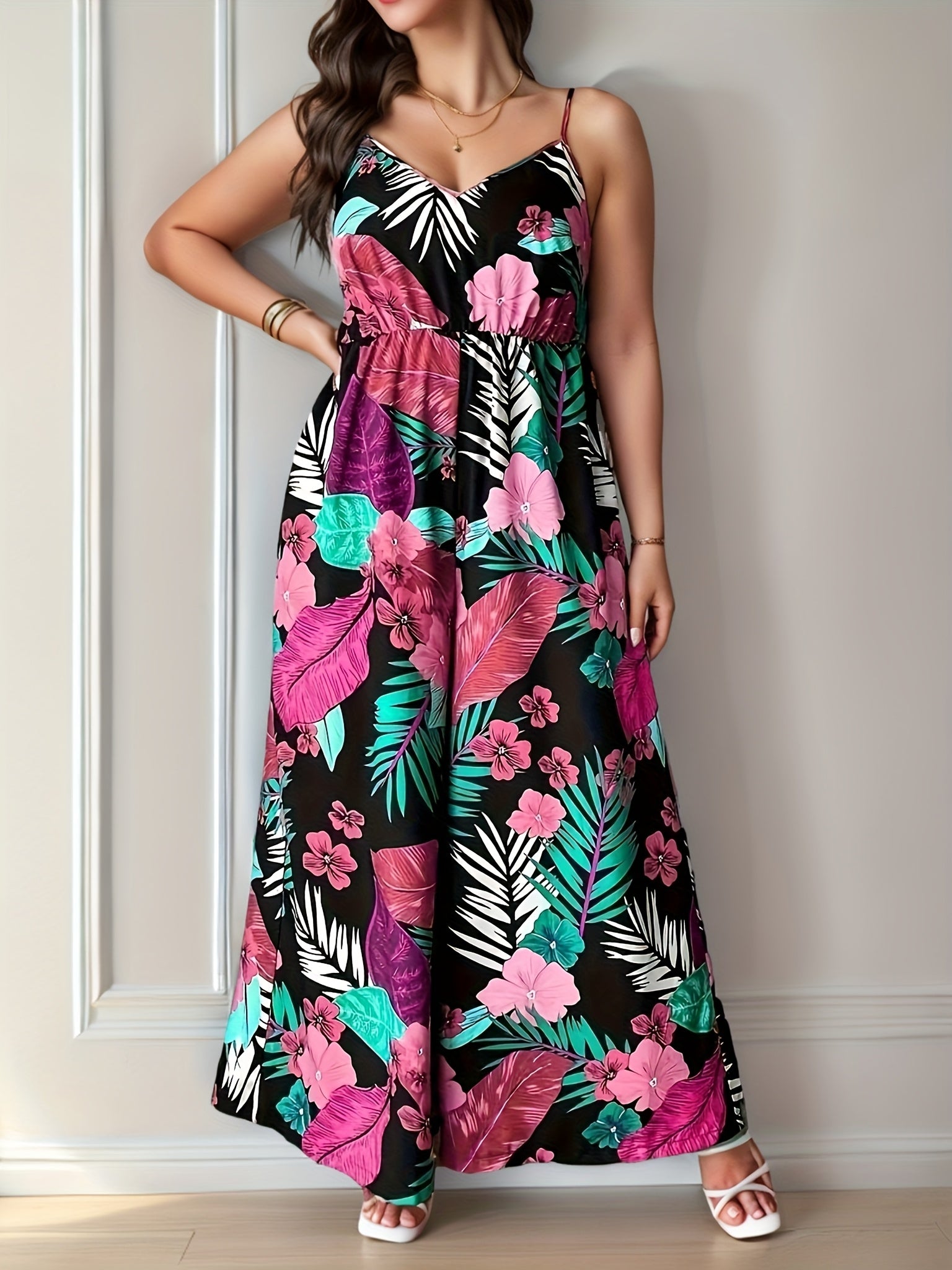 Plus Size Women's Tropical Print Backless Cami Jumpsuit Vacation Style