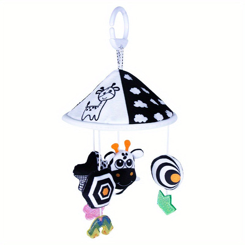 Baby Toy Car Hanging from Stroller with Black and White Animal Wind Chimes and Umbrella Bed Bell
