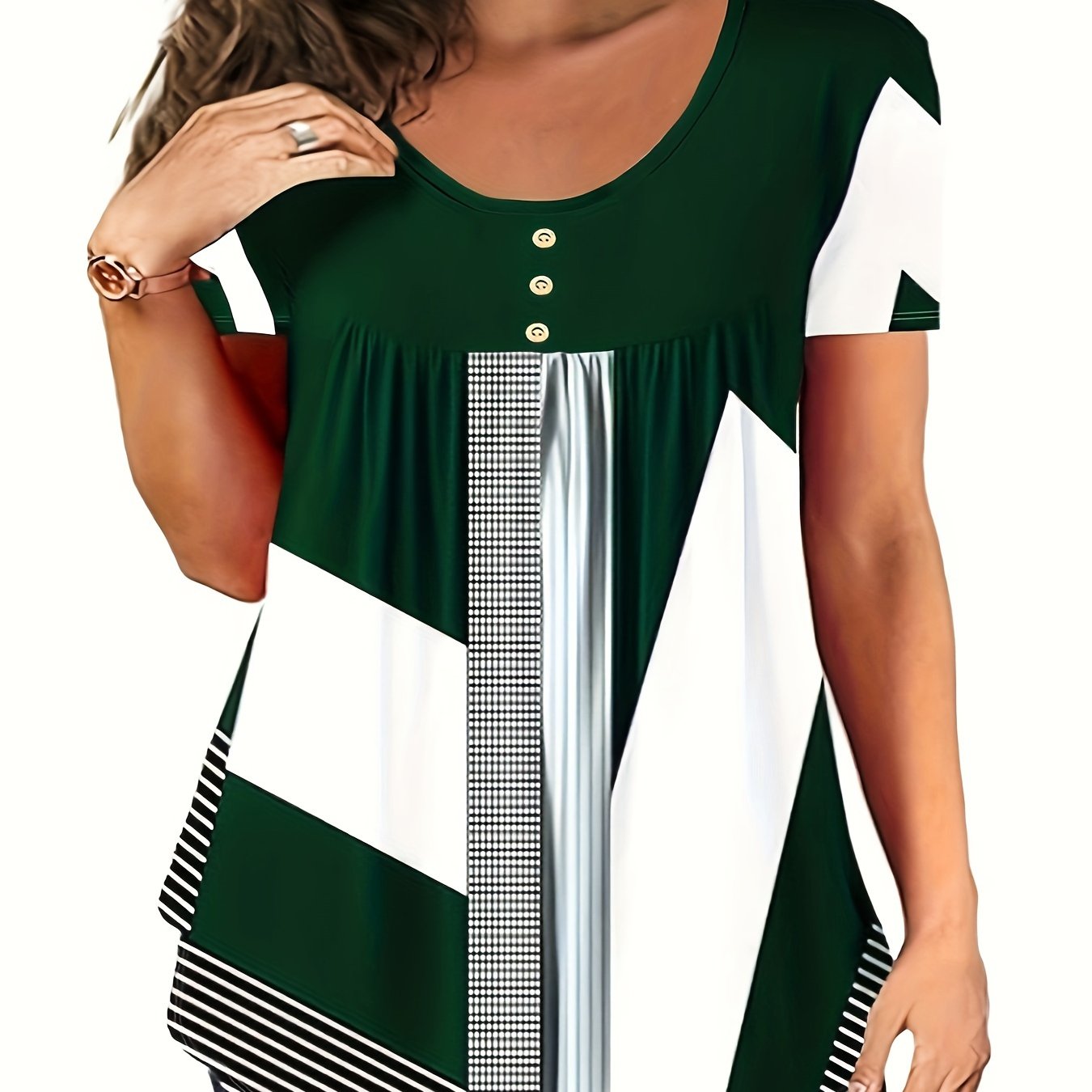 Plus o'lchamdagi kundalik T-shirt ayollar uchun rang-barang nuqta chiziqli qisqa ko'ylakli, dumaloq bo'yinli