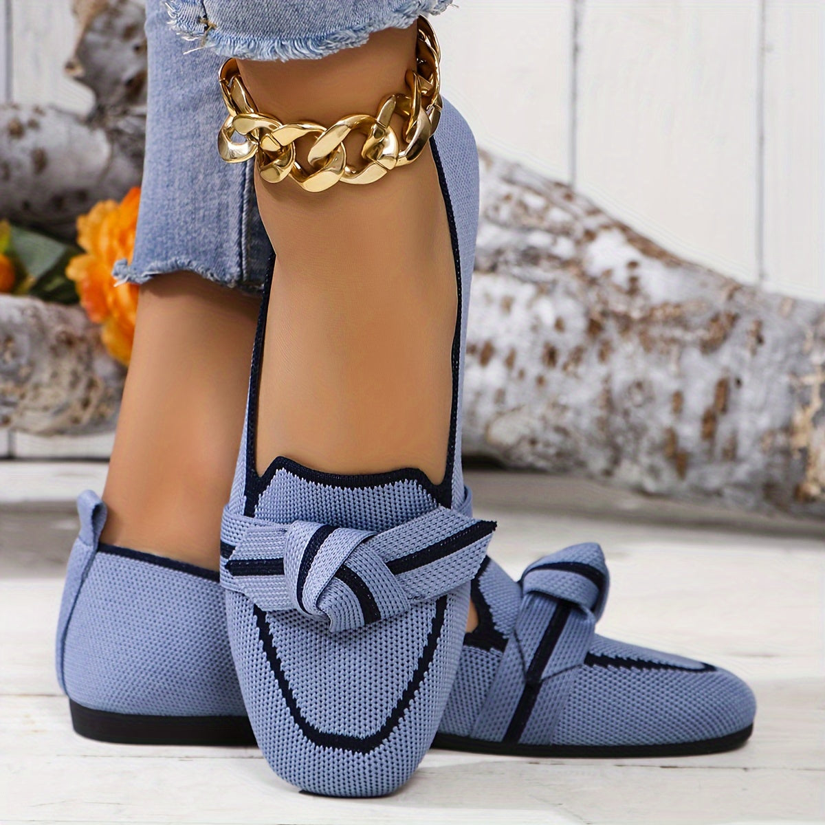Women's Flat Shoes with Bow, Square Toe, Knitted Fabric, Slip-On, Lightweight