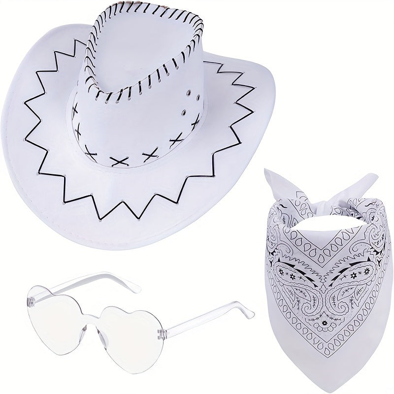 White Cowboy Costume for Adults with Hat Sunglasses and Bandana for Halloween
