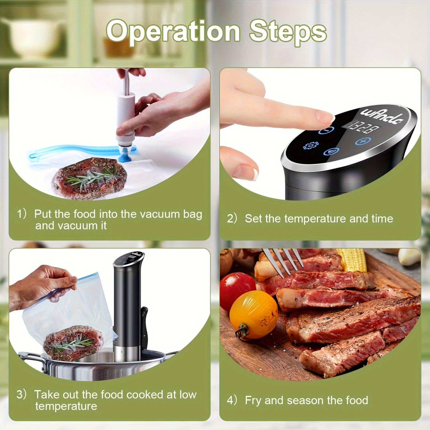 Wancle Sous Vide Cooker 1100W - функция резервирования, дизайн из нержавеющей стали, идеально подходит для стейков, рыбы и овощей. Легко хранить благодаря удобному интерфейсу.