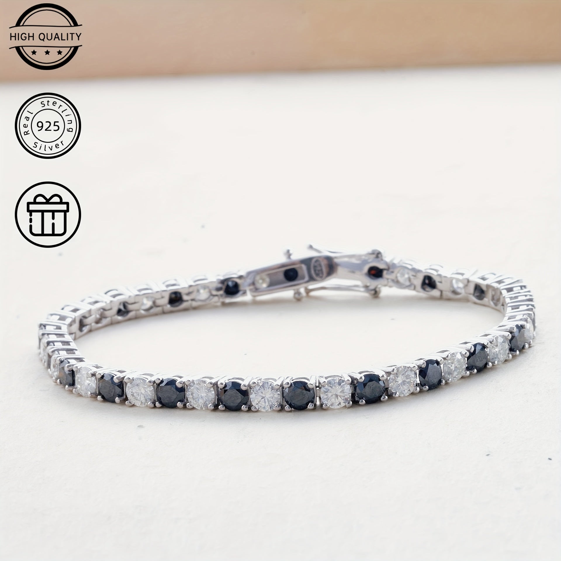 Qora va oq Moissanit tennis taqinchoq 0.5CT Sterling kumush bilan uzuk va to'y sovg'asi