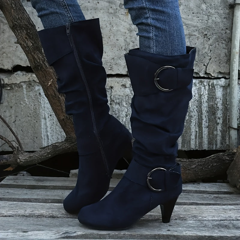 Women's Leather Knee-High Boots with Buckle Strap Side Zipper Chunky Heel