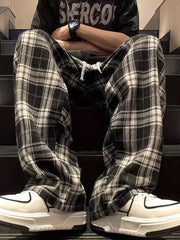 Men's Casual Plaid Long Pants with Drawstring Regular Fit Spring Polyester