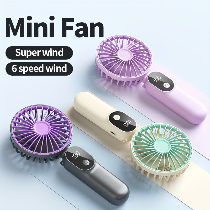 Portable USB Rechargeable Fan with 6 Speeds Digital Display Handheld Neck Desktop for Travel Outdoor