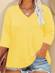 Women's V-Neck T-Shirt with Buttons Solid Color Polyester Spandex Pullover