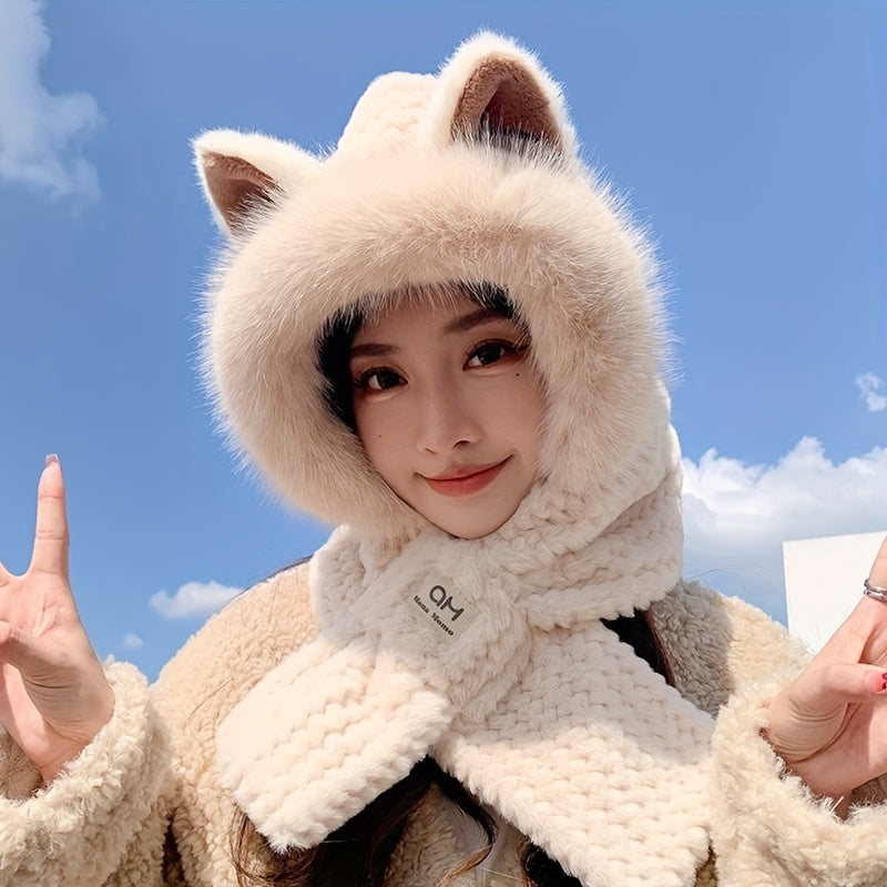 Plush Fox Ear Hat Scarf with Thick Neck Gaiter Winter Warmth Ear Protection