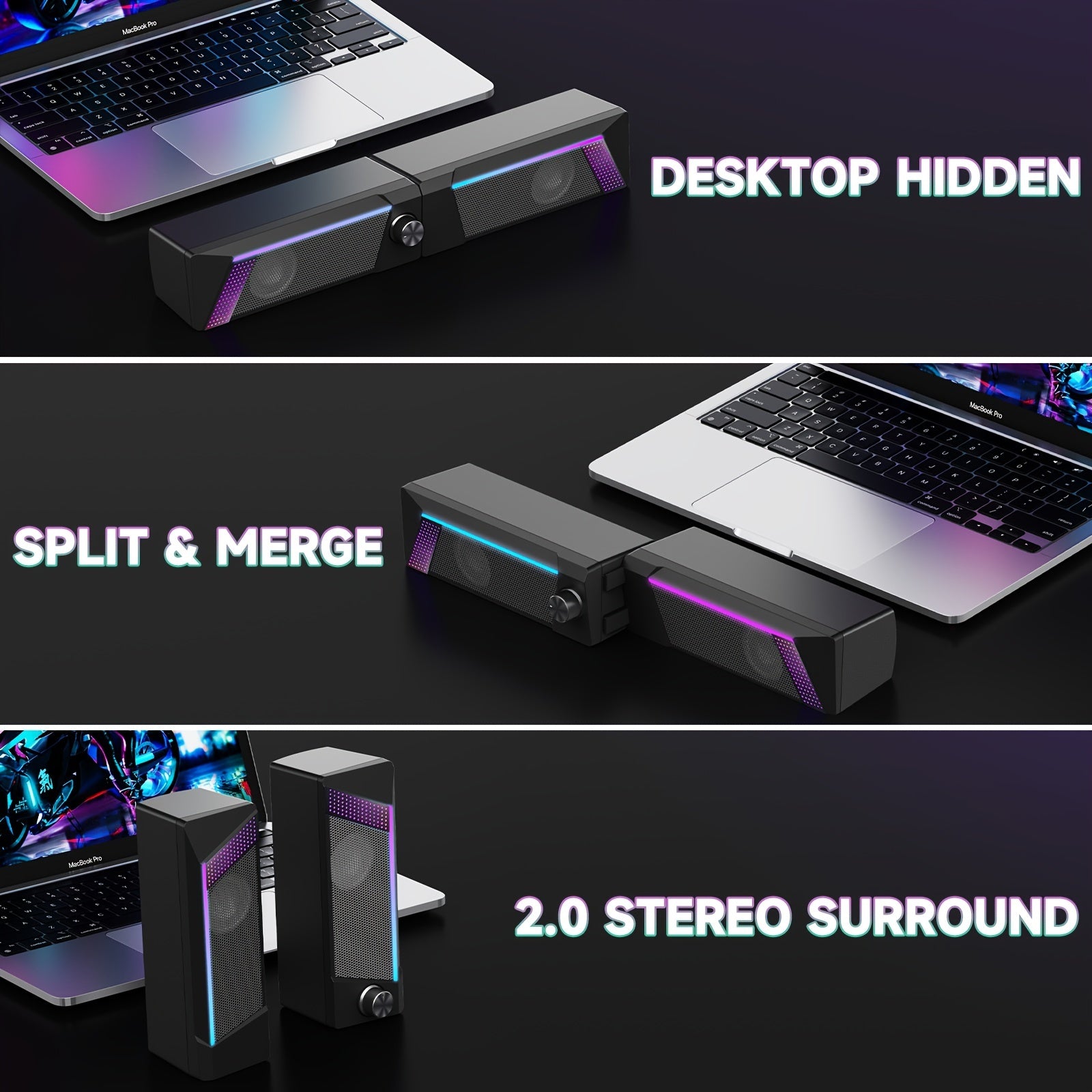 2-in-1 Computer Speaker with Iron Mesh and RGB Light for Gaming and Music