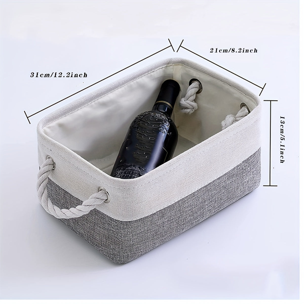 Gray and White Linen Storage Basket with Rope Handles for Closet and Nursery Organization