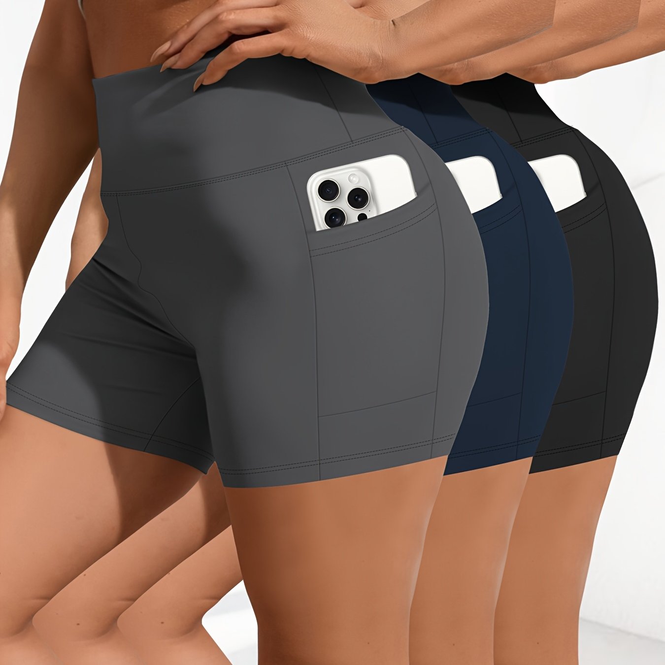 Women's High-Waist Stretchy Shorts with Pockets 3-Pack Black Gray Dark Purple