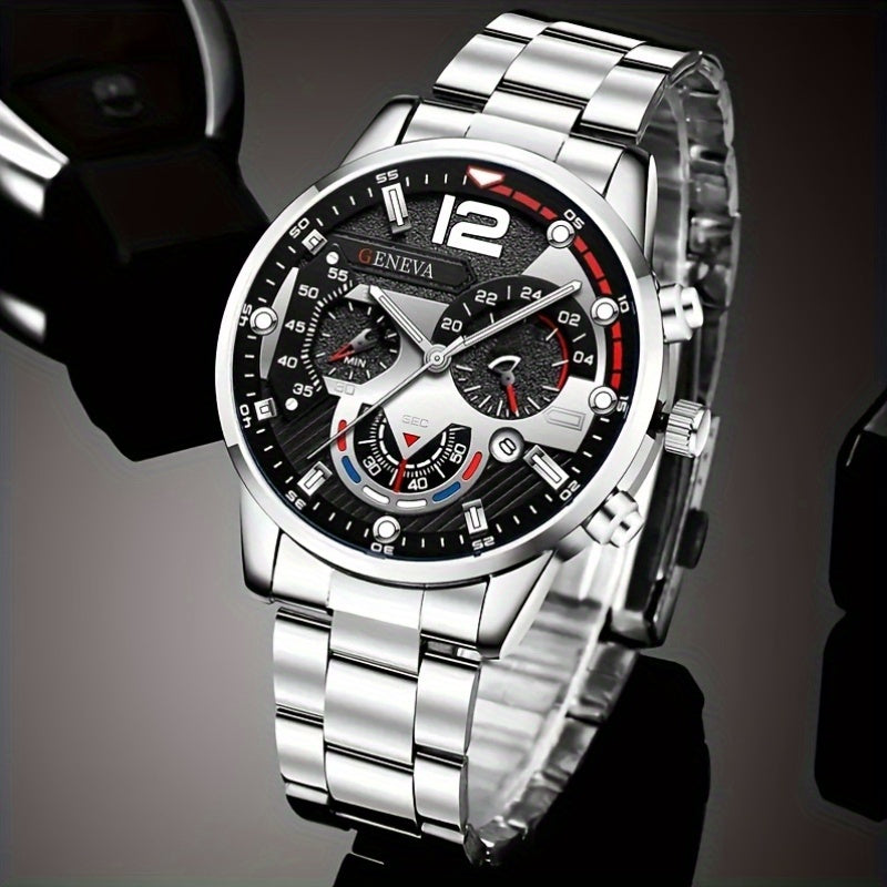 Men's Stainless Steel Watch Set with Calendar and Accessories