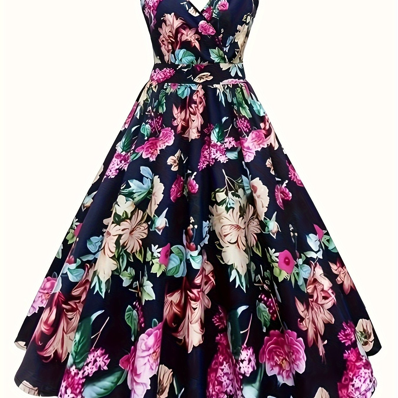 Women's Floral Print V-Neck Tank Dress for Spring and Summer Sleeveless A-Line Polyester