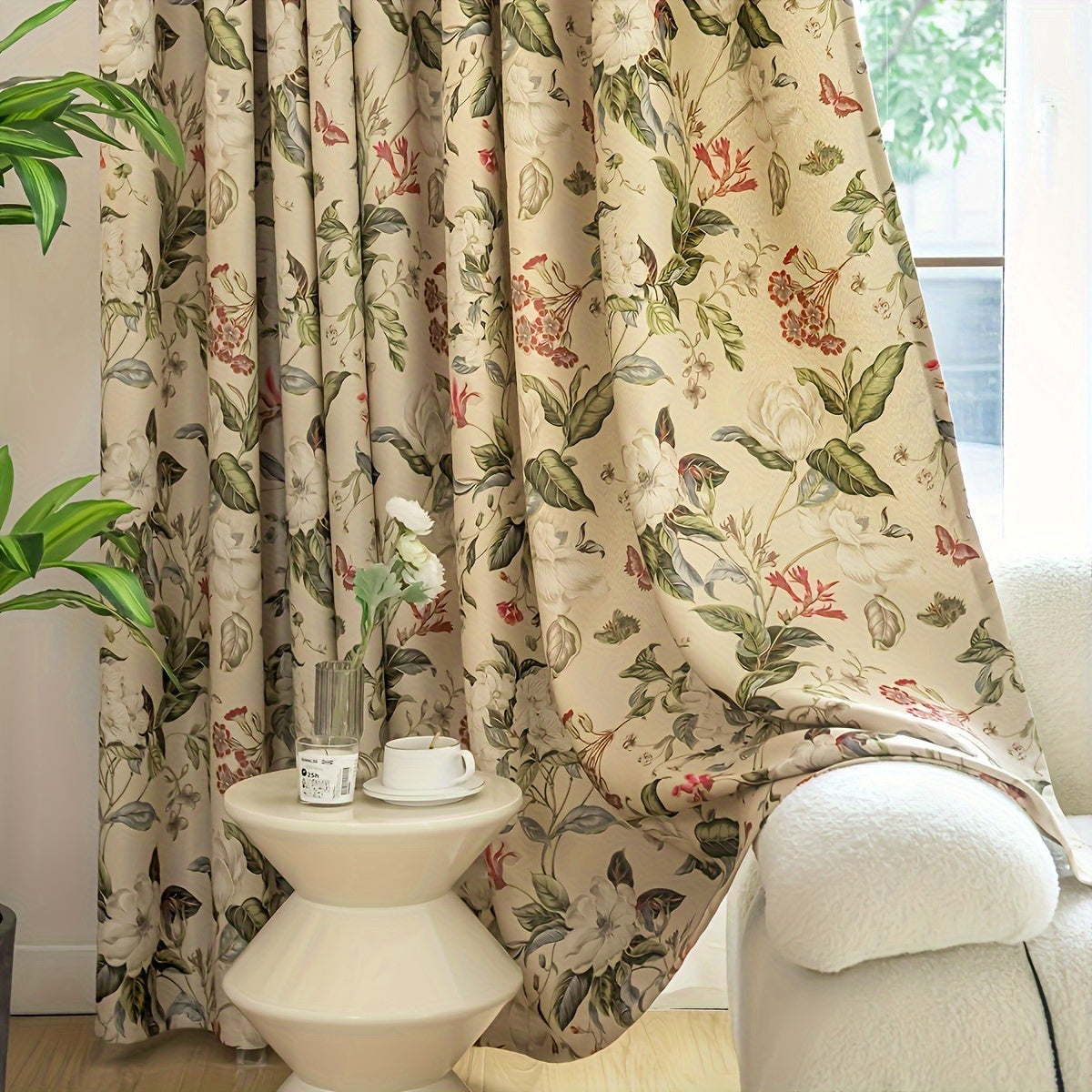Elegant Floral Print Curtain Blackout Fabric Rod Pocket for Living Room Bedroom