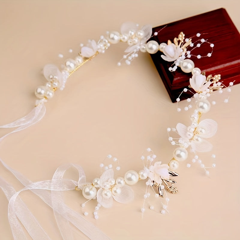 Bridal Headband and Ring Set Faux Pearls Flower Tulle Hair Accessories