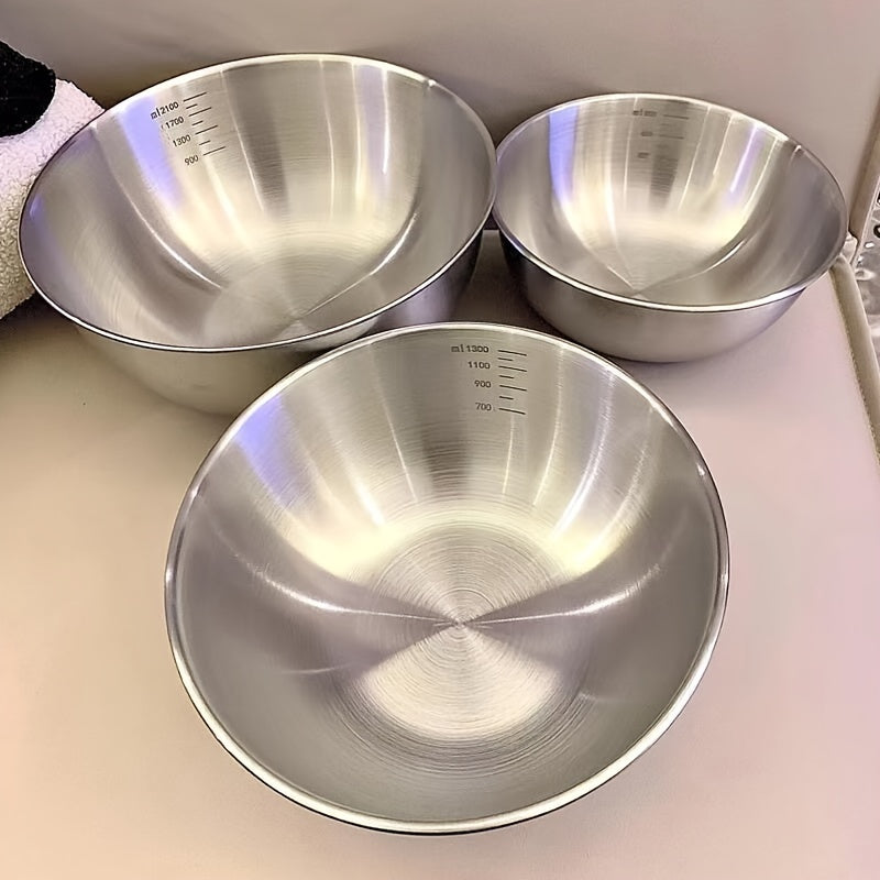 Set of 3 Stainless Steel Mixing Bowls with Measurement Marks for Cooking and Baking