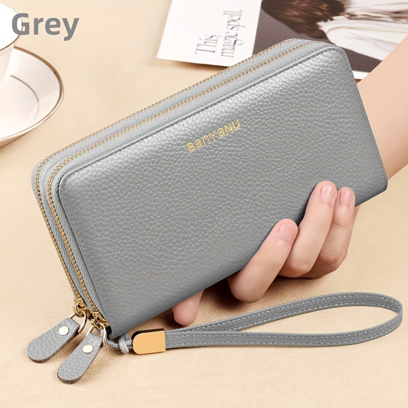 Women's Genuine Leather Wallet with Wristlet Burgundy Large Capacity Double Zip RFID Blocking