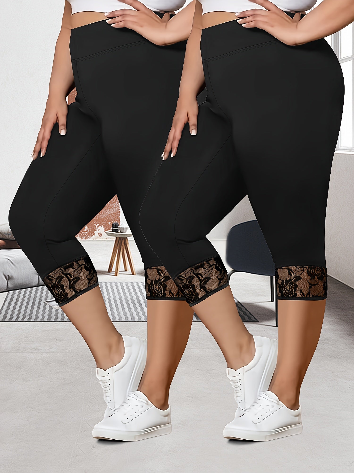 Plus Size High-Waisted Flounce Hem Pants Two-Pack Spring Summer Patchwork Lace