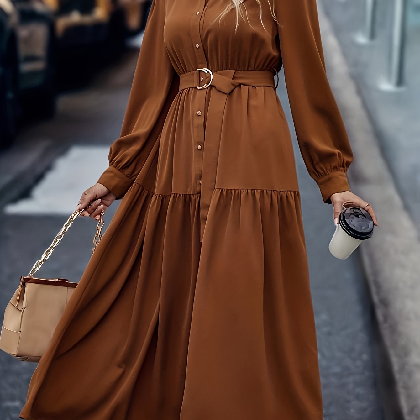 Women's Middle Eastern Style Polyester Shirt Dress with Lantern Sleeves and Ruffled Hem for Spring Fall