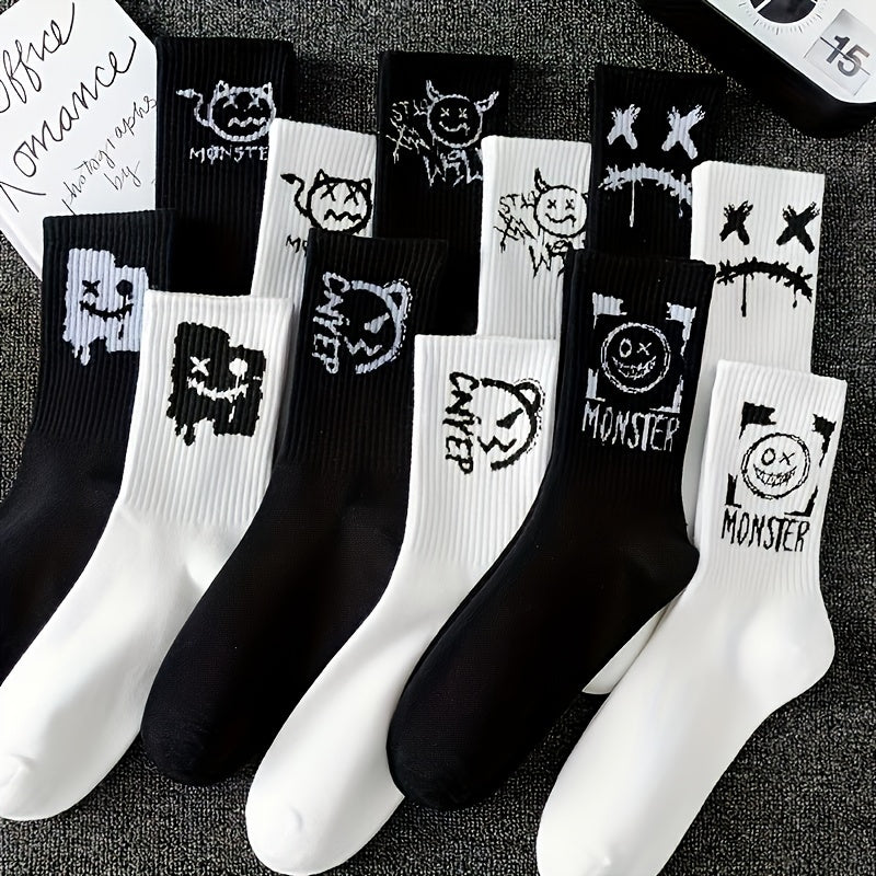 Unisex Sports Socks 5 Pairs Geometric Pattern Mid-Calf Black White for Basketball and Spring Autumn