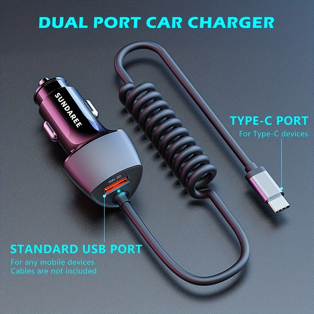 USB C Car Charger 51W Fast Charging PD QC3.0 with Coiled Cable for Android Devices