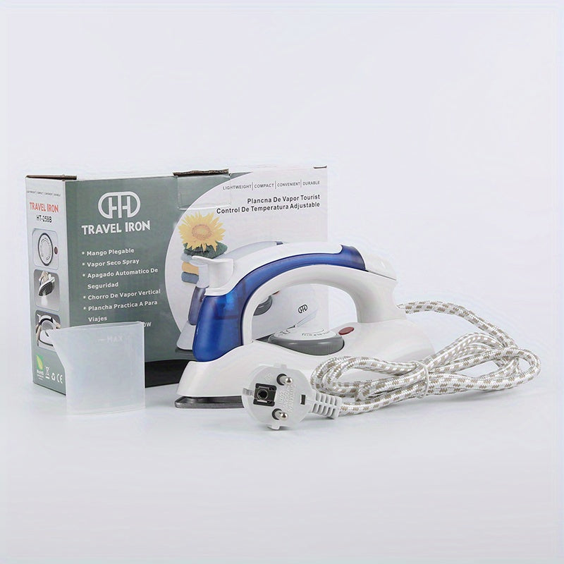 Plancha eléctrica portátil plegable para viajes blanca y azul con suela antiadherente compacta