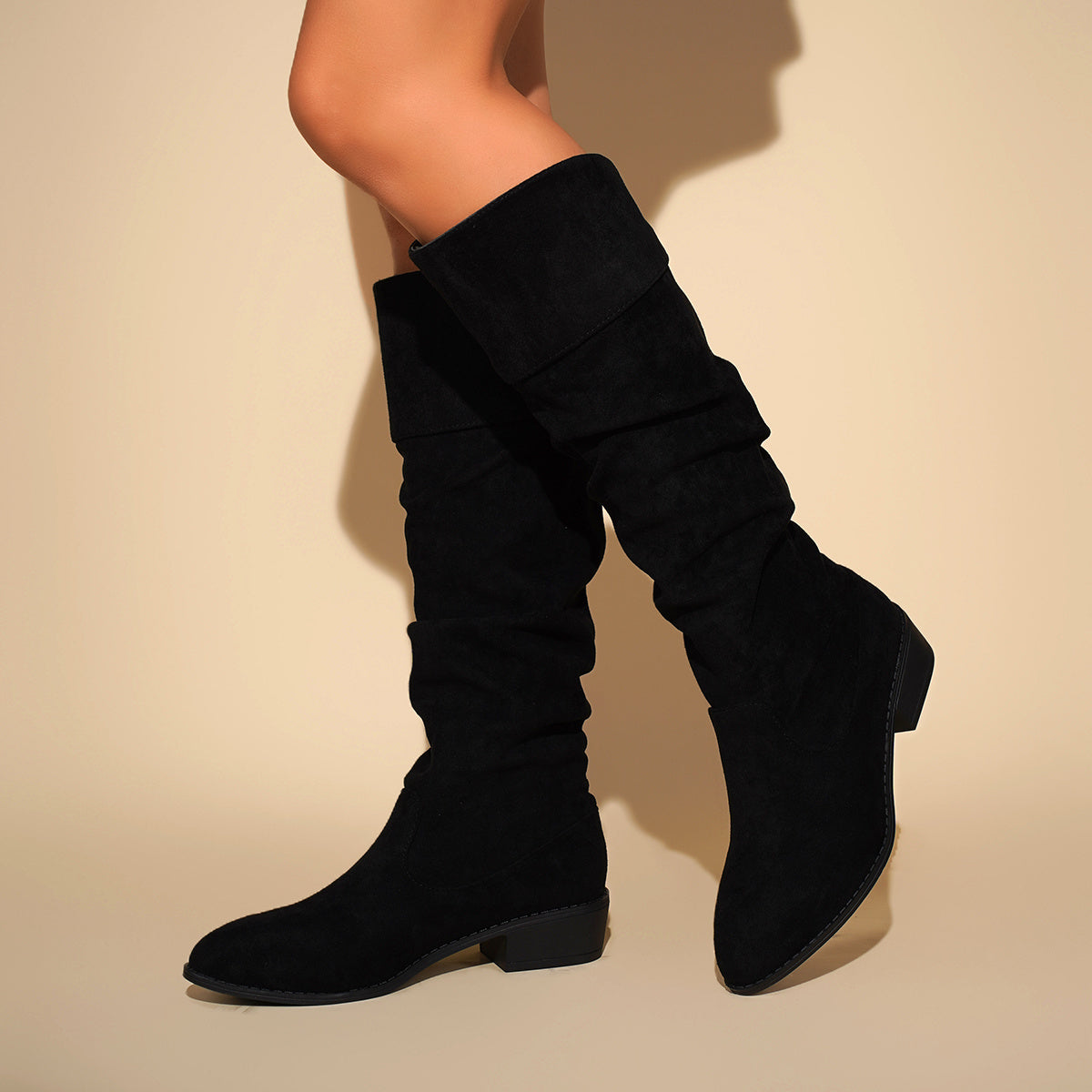 Women's Chunky Mid-Heel Ankle Boots Fabric Upper Rubber Sole Black All-Season Western