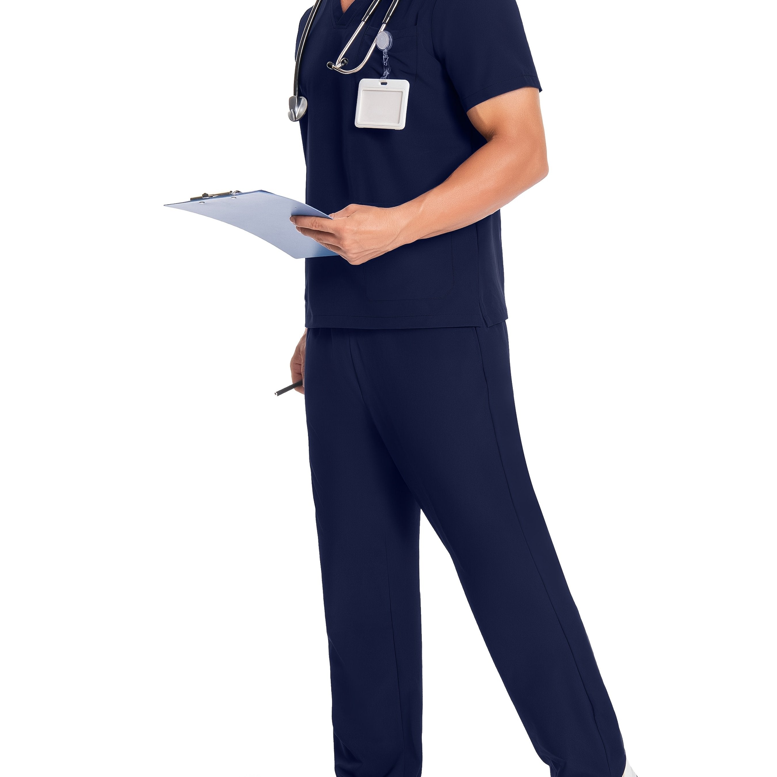 Men's Breathable Polyester Workwear Set V-Neck Top and Pants with Pockets for Pet Grooming and Lab Coats