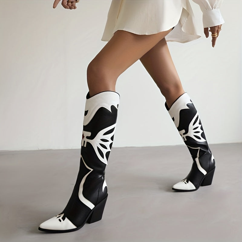 Women's Printed Chunky Heel Western Boots Pointed Toe Retro