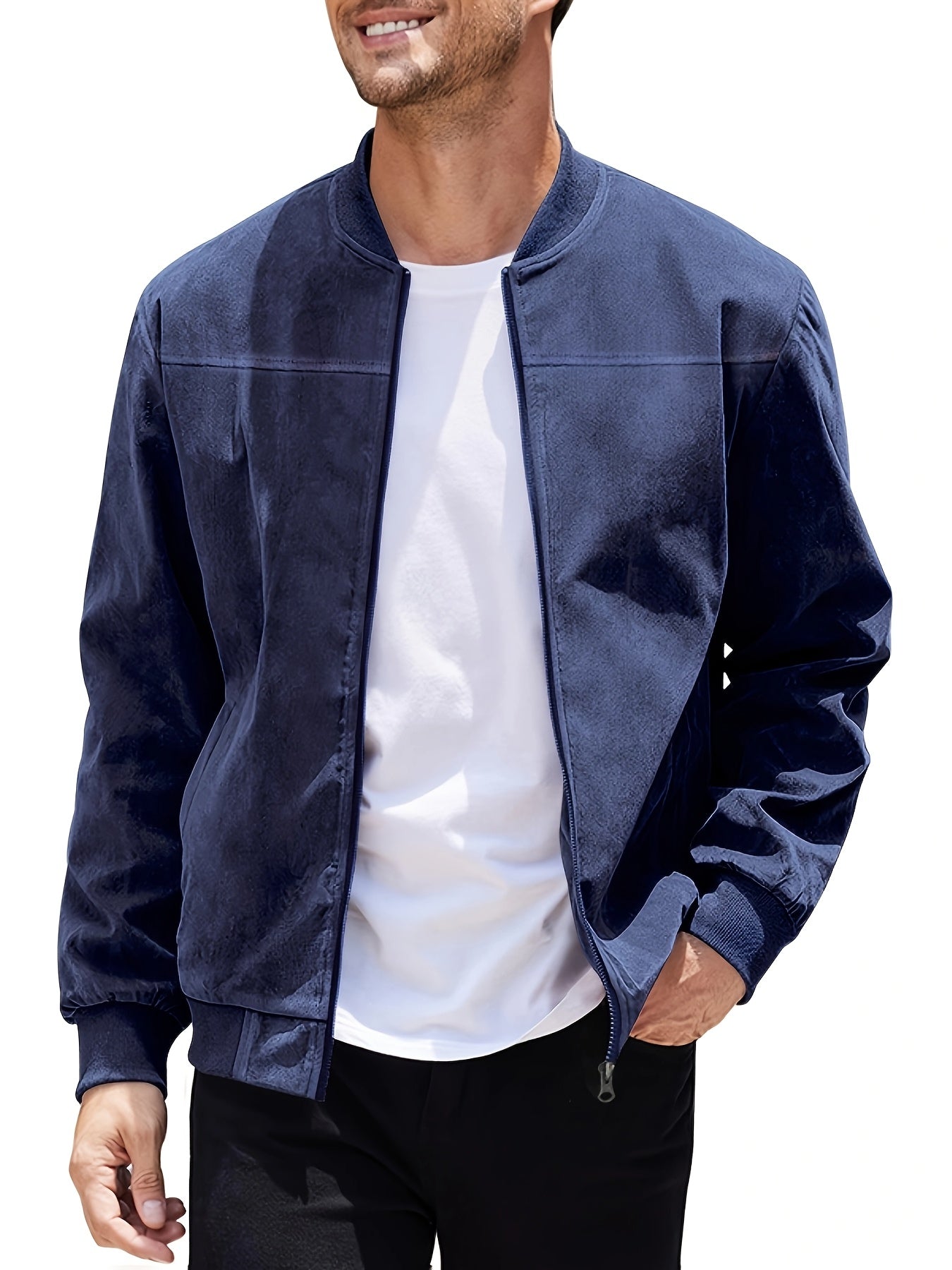 Men's Navy Blue Lightweight Polyester Jacket with Stand Collar and Full-Zip for Spring and Autumn