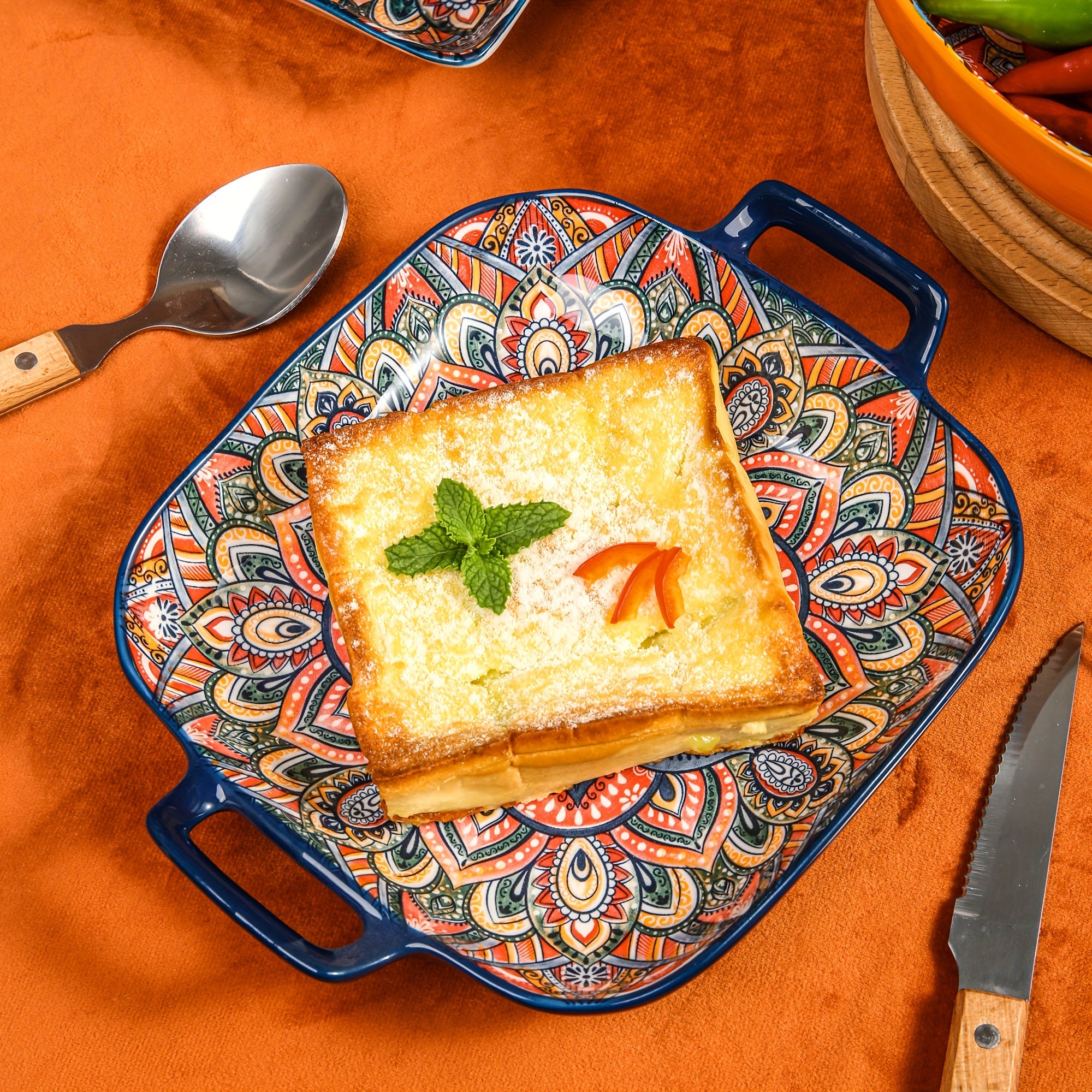 Square Ceramic Serving Tray with Floral Design and Double Handles